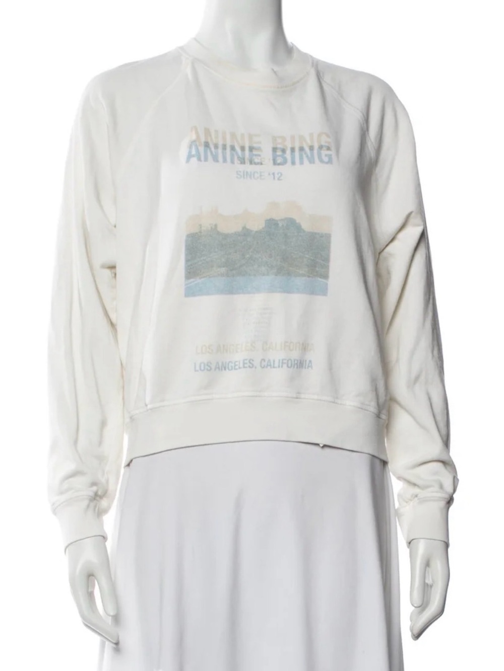 Anine Bing Cream Graphic Pullover Sweatshirt with Blue Print